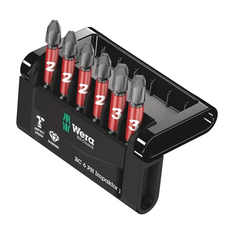 Wera Hex Screwdriver Bit Set Impactor 6 Pieces, Diamond Tipped, PH2 x PH3, 1/4 in Drive, 50mm Length 05057691001