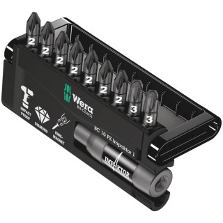 Wera Hex Screwdriver Bit Set, Impactor, 10 Pieces, Diamond Tipped, Size PZ2 and PZ3, Drive Size 1/4 in, Overall 05074788001