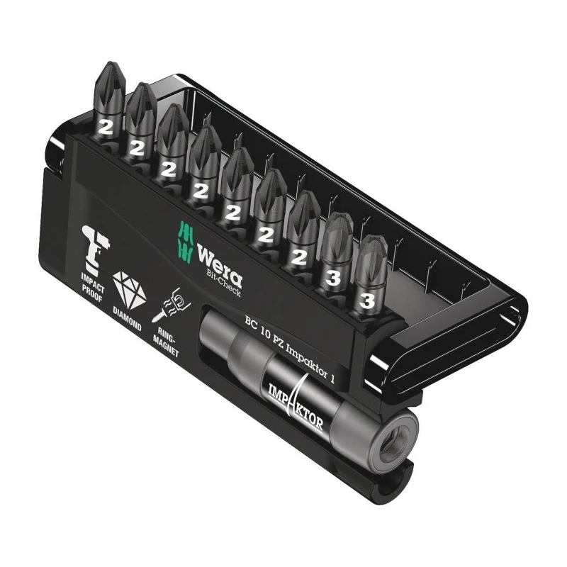 Wera Hex Screwdriver Bit Set, Impactor, 10 Pieces, Diamond Tipped, Size PZ2 and PZ3, Drive Size 1/4 in, Overall 05074788001