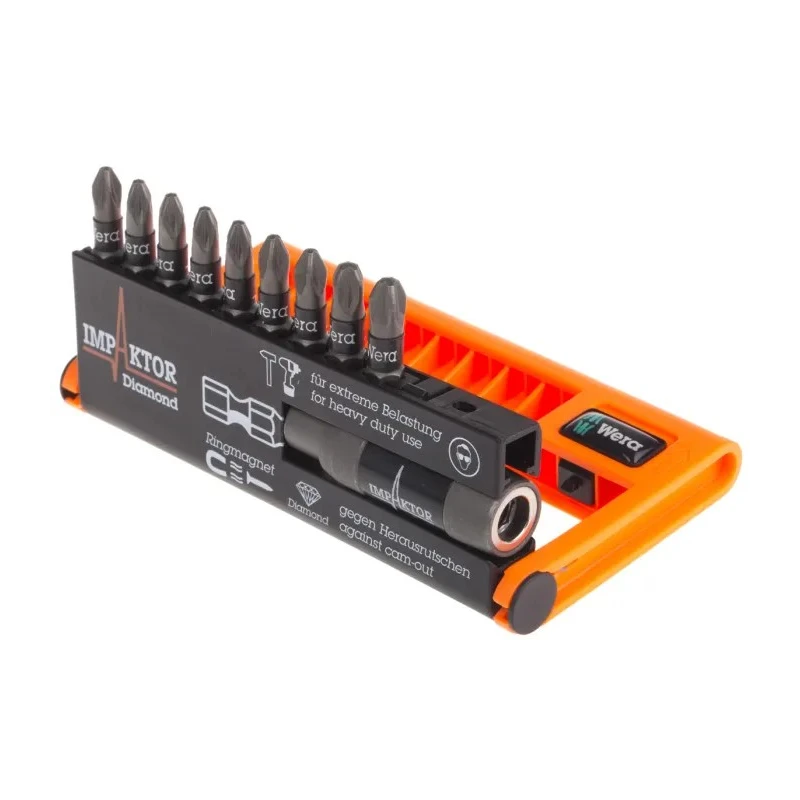 Wera Hex Screwdriver Bit Set, Impactor, 10 Pieces, Diamond Tipped, Size PZ2 and PZ3, Drive Size 1/4 in, Overall 05074788001