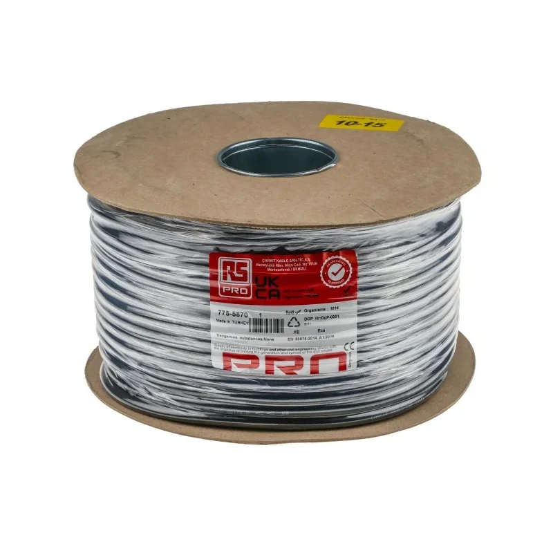 RS PRO 2 Core Power Cable Black 2.5mm² 300/500V PVC Insulated Flexible 70 °C 100m 775-5870