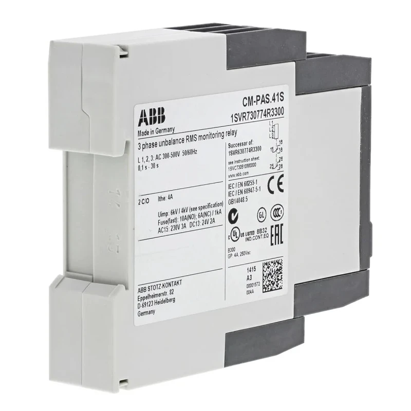 ABB 3 Phase Monitoring Relay DPDT Contact Configuration, DIN Rail Mount, 500V AC, CM-PAS Series 1SVR730774R3300 CM-PAS.41S