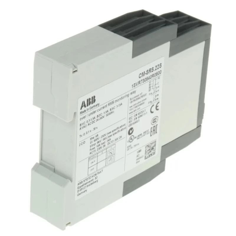 ABB Monitoring Relay, 1 Phase, DPDT Contact Configuration, DIN Rail Mount, 0.3A to 15A Current 1SVR730840R0500 CM-SRS.22S