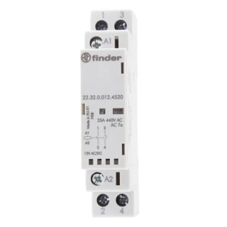 Finder 2-Pole Contactor 22 Series, 12V DC Coil, 25A, 2.2W Power Rating, 1 NO/1 NC Contact, 250V DC/440V AC 22.32.0.012.4520