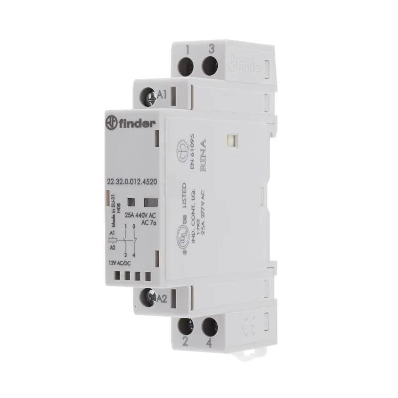 Finder 2-Pole Contactor 22 Series, 12V DC Coil, 25A, 2.2W Power Rating, 1 NO/1 NC Contact, 250V DC/440V AC 22.32.0.012.4520