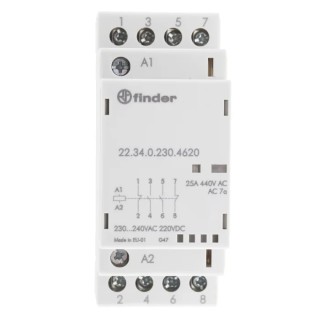 Finder 22 Series 4-Pole Contactor with 230V AC Coil, 25A Contact Current, 4 kW Power Rating, 2 NO/2 NC 22.34.0.230.4620
