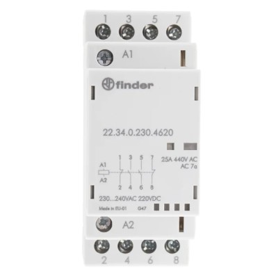 Finder 22 Series 4-Pole Contactor with 230V AC Coil, 25A Contact Current, 4 kW Power Rating, 2 NO/2 NC 22.34.0.230.4620