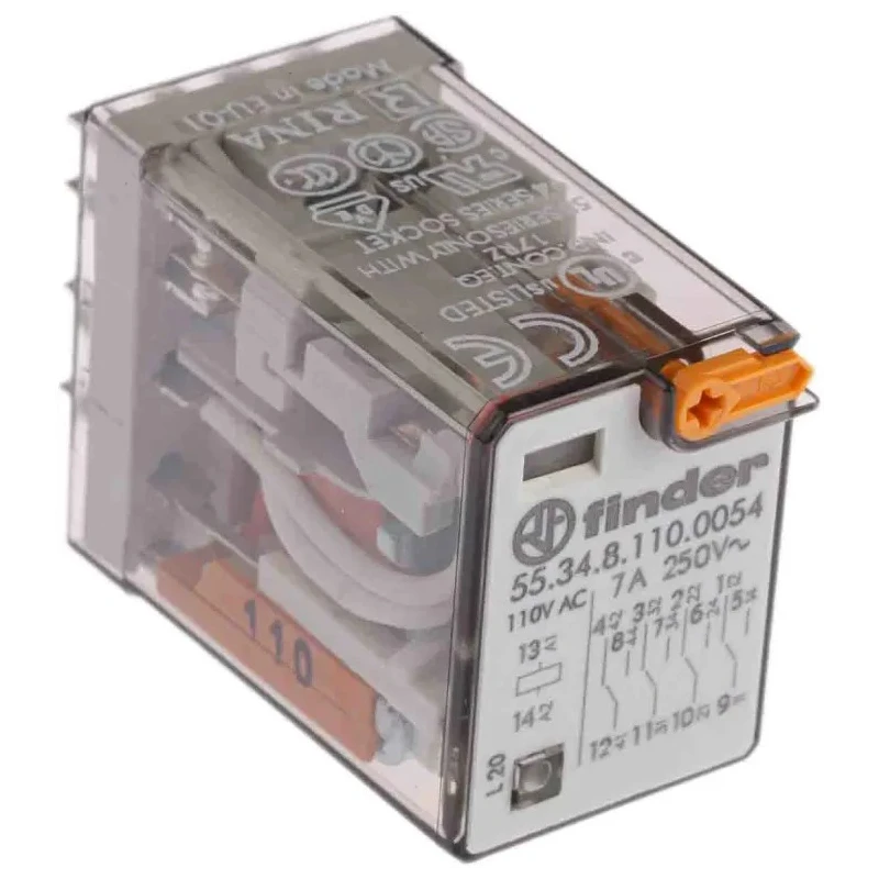 Finder Power Relay 110V AC Coil Voltage, 7A Switching Current, 4PDT Contact Configuration 55.34.8.110.0054