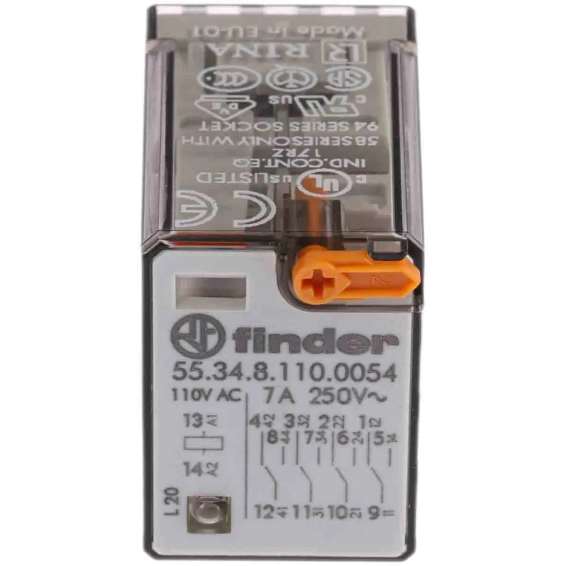 Finder Power Relay 110V AC Coil Voltage, 7A Switching Current, 4PDT Contact Configuration 55.34.8.110.0054