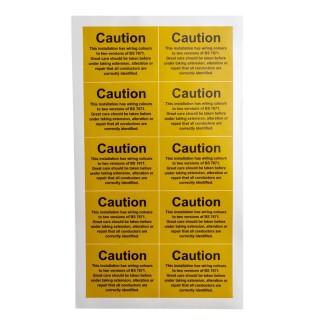 RS PRO Yellow Black Vinyl Safety Label Caution This installation has wiring colours to two versions of BS 7671 55mm 776-0973