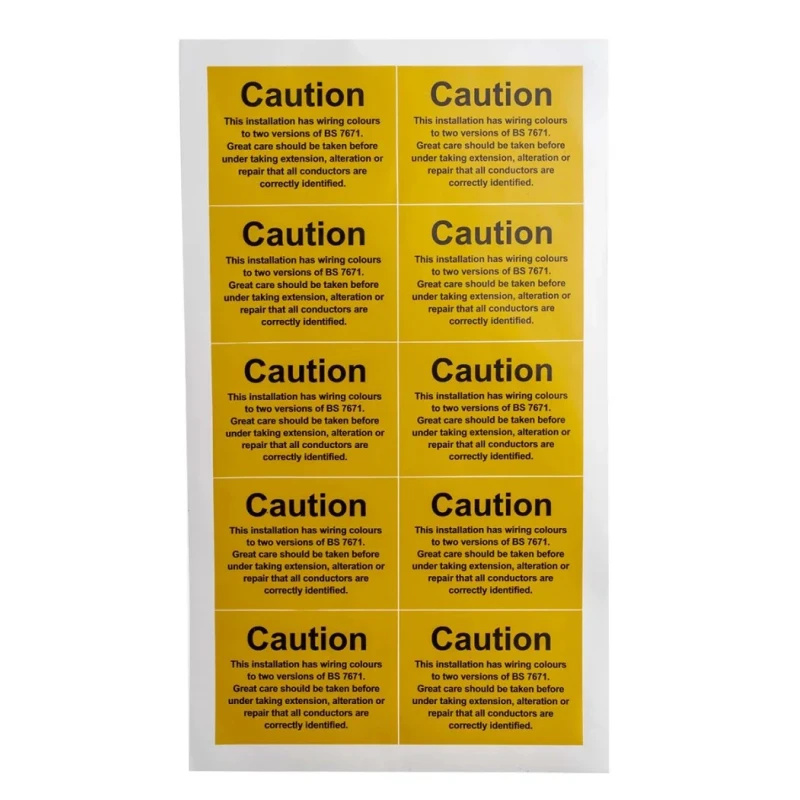 RS PRO Yellow Black Vinyl Safety Label Caution This installation has wiring colours to two versions of BS 7671 55mm 776-0973