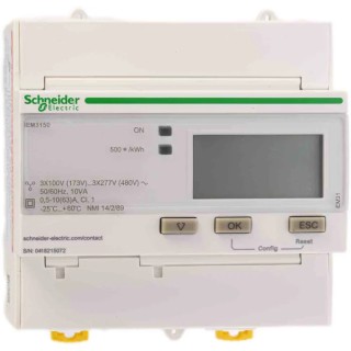 Schneider Electric 3 Phase LCD Energy Meter 3 x 100/173 Vac to 3 x 277/480 Vac, 63 A, Acti9 iEM Series A9MEM3150
