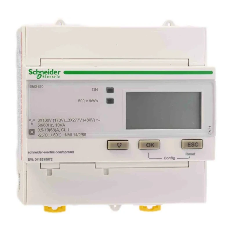 Schneider Electric 3 Phase LCD Energy Meter 3 x 100/173 Vac to 3 x 277/480 Vac, 63 A, Acti9 iEM Series A9MEM3150