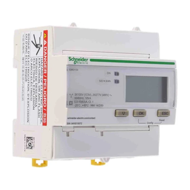 Schneider Electric 3 Phase LCD Energy Meter 3 x 100/173 Vac to 3 x 277/480 Vac, 63 A, Acti9 iEM Series A9MEM3150