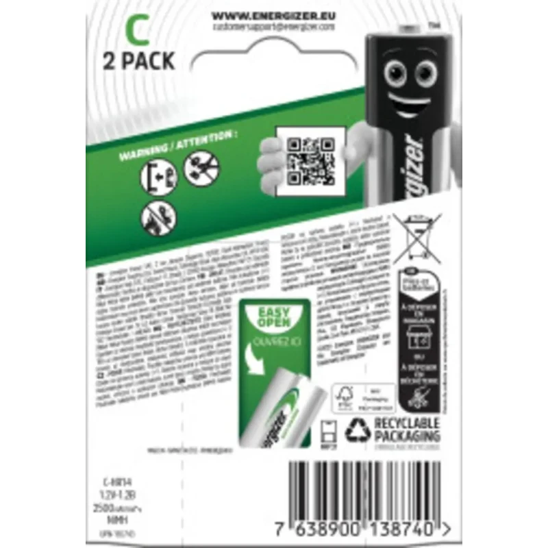 Energizer NiMH Rechargeable C Battery 1.2V 2.5Ah 50mm Height 66g Weight 7638900138740