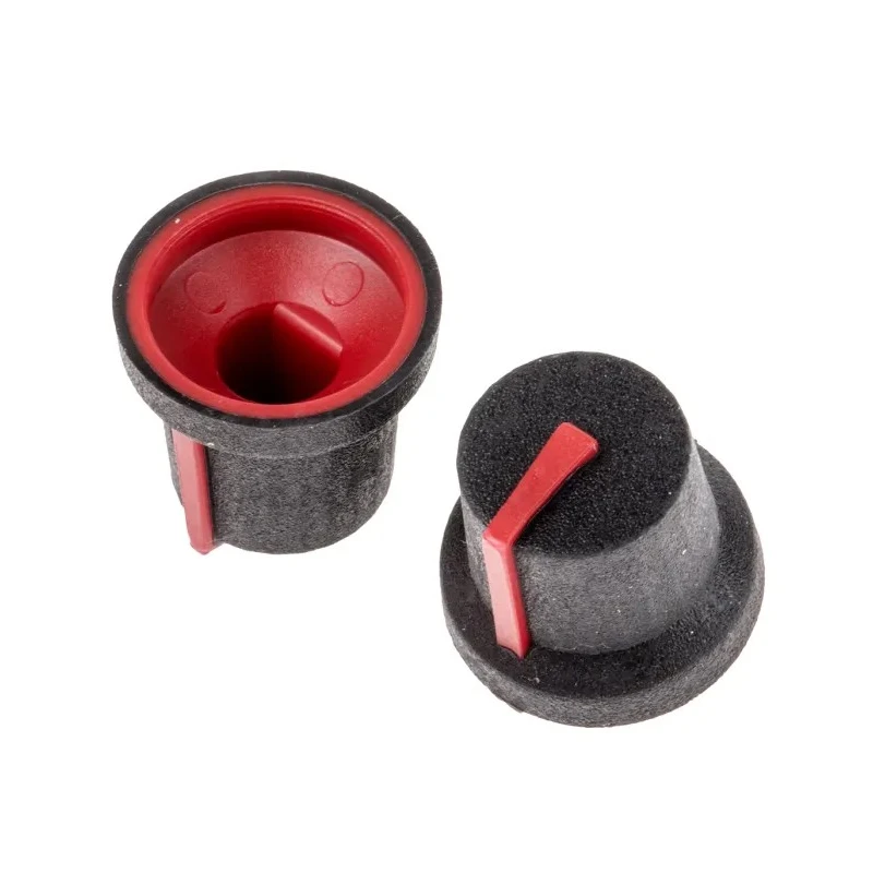 RS PRO Black Plastic Push-On Potentiometer Knob 16.8 mm Diameter, 14.5 mm Height, Red Indicator, 6 mm D Shaped Shaft 777-7362