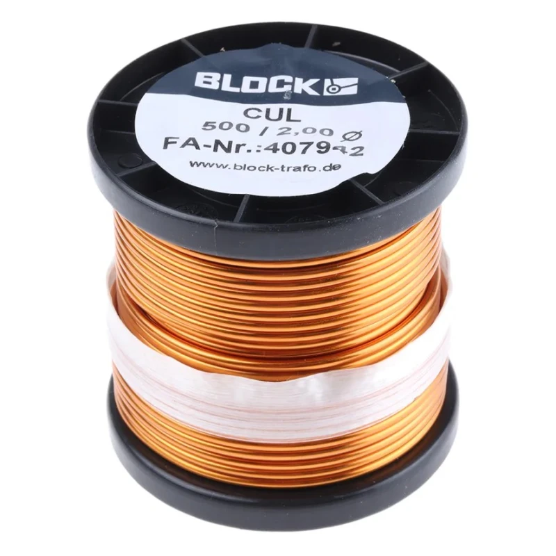Block Enamelled Copper Wire 3.3 mm² Cross Section, 2 mm OD, 14 m Length, Maximum 155°C Operating Temperature CUL 500/2,00