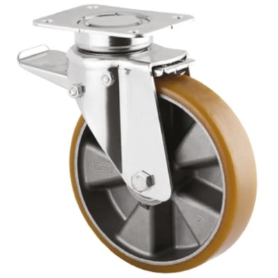 Tente Braked Swivel Castor, 500 kg Load Capacity, 125 mm Polyurethane Wheel, Aluminium Hub, Pressed Steel 3642ITP125P63 FLAT