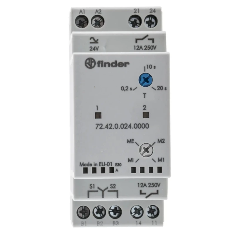 Finder Monitoring Relay 1 Phase DPST Contact Configuration DIN Rail Mounting 0.2-20s Time Delay IP20 72.42.0.024.0000