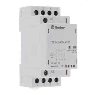 Finder 4-Pole Contactor, 24V AC/DC Coil Voltage, 25A Contact Current, 2 NO Auxiliary Contacts, 440V 22.34.0.024.4320