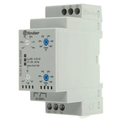 Finder Monitoring Relay 3 Phase SPDT DIN Rail Voltage Sensing 300-480V AC 2W Power Consumption 70.31.8.400.2022