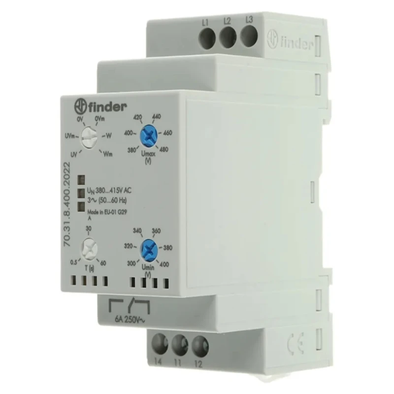 Finder Monitoring Relay 3 Phase SPDT DIN Rail Voltage Sensing 300-480V AC 2W Power Consumption 70.31.8.400.2022
