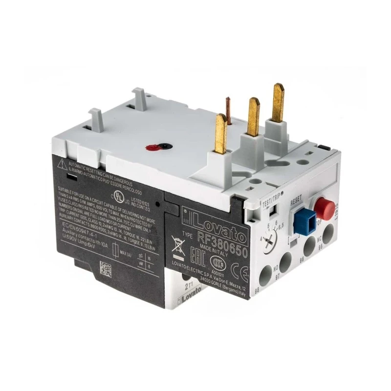 Lovato Electric Thermal Overload Relay 1 NO/1 NC, 4A-6.5A F.L.C, 38A Contact Rating, 690V AC, Manual Reset RF38