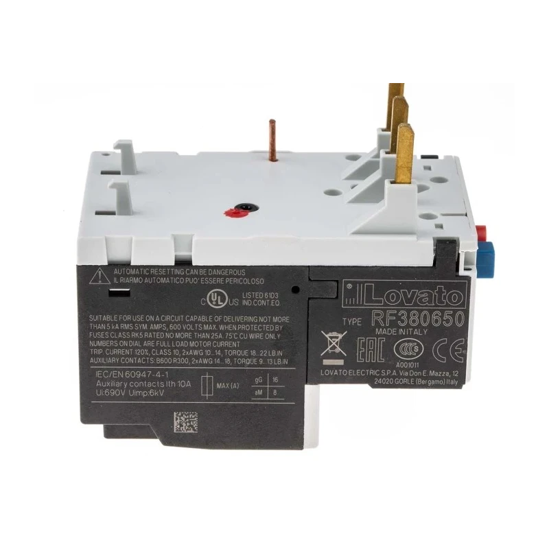 Lovato Electric Thermal Overload Relay 1 NO/1 NC, 4A-6.5A F.L.C, 38A Contact Rating, 690V AC, Manual Reset RF38