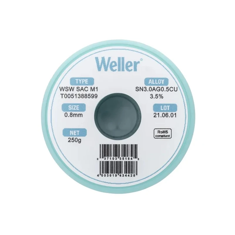 Weller Lead Free Solder Wire 0.8 mm Diameter, 217 °C Melting Point, 250g, Rosin Flux Core T0051388599