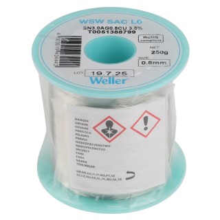 Weller 0.8 mm Lead Free Solder Wire, Rosin Flux, 217°C Melting Point, 250g Spool T0051388799