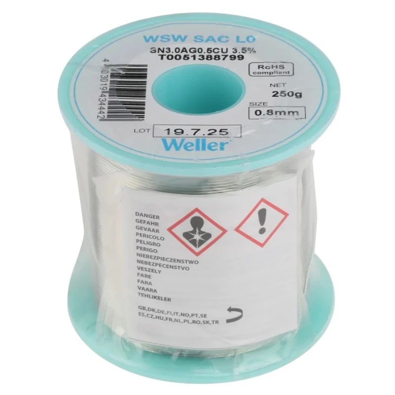 Weller 0.8 mm Lead Free Solder Wire, Rosin Flux, 217°C Melting Point, 250g Spool T0051388799