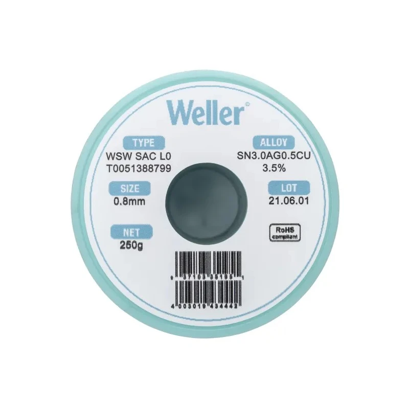 Weller 0.8 mm Lead Free Solder Wire, Rosin Flux, 217°C Melting Point, 250g Spool T0051388799