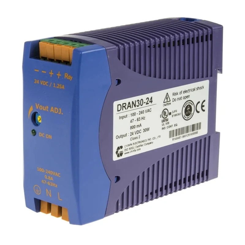 Chinfa DRAN30 Switch Mode DIN Rail Power Supply 264V AC Input 24V DC, 1.25A Output, 30W DRAN30