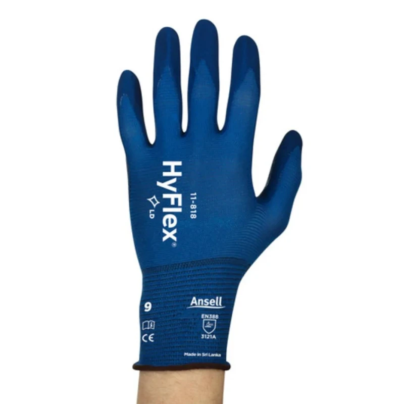 Ansell HyFlex 11-818 Blue Nylon Spandex Work Gloves Size 10 Nitrile Foam Coating 11818100
