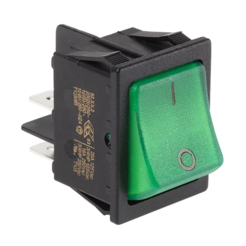 RS PRO Illuminated Double Pole Single Throw On-Off Rocker Switch Panel 20A, 250V AC, Green Actuator 793-2516