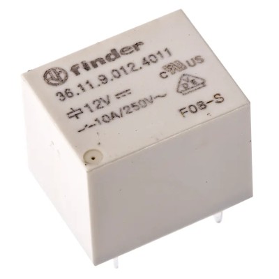 Finder Power Relay PCB Mount 12V DC Coil, 10A Switching Current, SPDT, Silver Alloy Contacts 36.11.9.012.4011