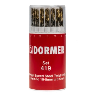 Dormer 19-Piece Multi-Material High Speed Steel Titanium Nitride Coated Twist Drill Bit Set 1 mm to 10 mm A094419