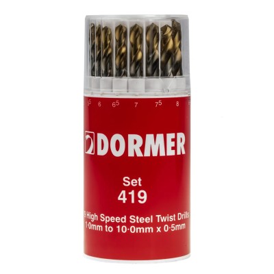 Dormer 19-Piece Multi-Material High Speed Steel Titanium Nitride Coated Twist Drill Bit Set 1 mm to 10 mm A094419