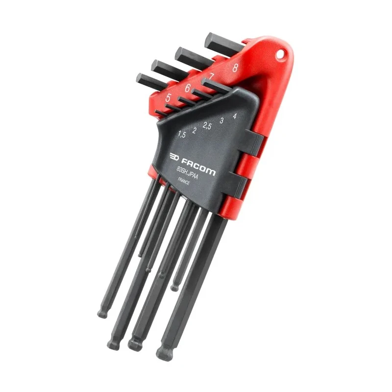 Facom 9 piece L Metric Hex Key Set Silicon Steel Polished Phosphate 1.5 - 8 mm Hex Ball End 83SH.JPAAPF