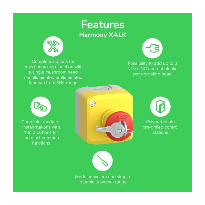 Schneider Electric Harmony Series Key Release Emergency Stop Push Button, Surface Mount, 1 NC, IP69K, IP67, IP66 XALK188