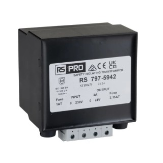 RS PRO 100 VA DIN Rail Transformer, 115 to 400 V AC Primary, 24 V AC Secondary, IEC/BS/EN 61558-1 Certified 797-5942
