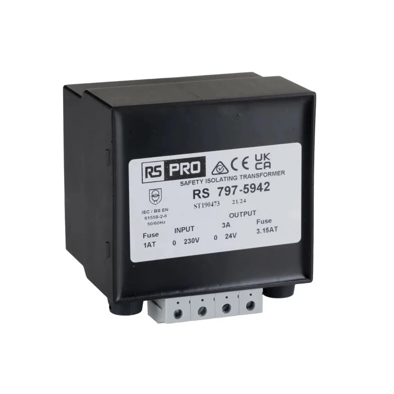 RS PRO 100 VA DIN Rail Transformer, 115 to 400 V AC Primary, 24 V AC Secondary, IEC/BS/EN 61558-1 Certified 797-5942