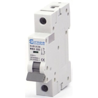 Europa Miniature Circuit Breaker 1-Pole, 63A, Type B, 240V AC, 6 kA Breaking Capacity EUB1
