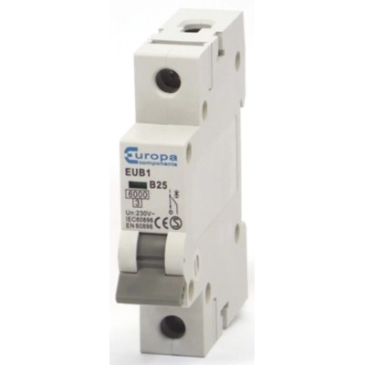 Europa Miniature Circuit Breaker 1-Pole 25A Type B 240V AC 6kA Breaking Capacity EUB1
