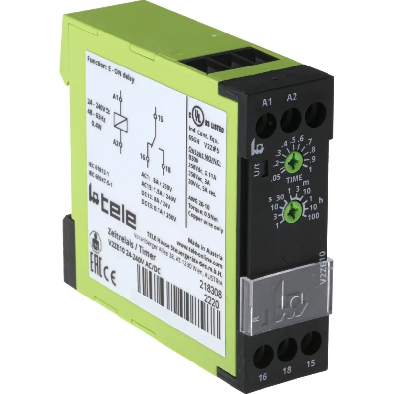 Tele DIN Rail Timer Relay, Single-Function On-Delay, 1-Contact SPDT, 24-240V AC/DC, Time Range 0.05 → 1 s to 9 → 180 s V2ZE10