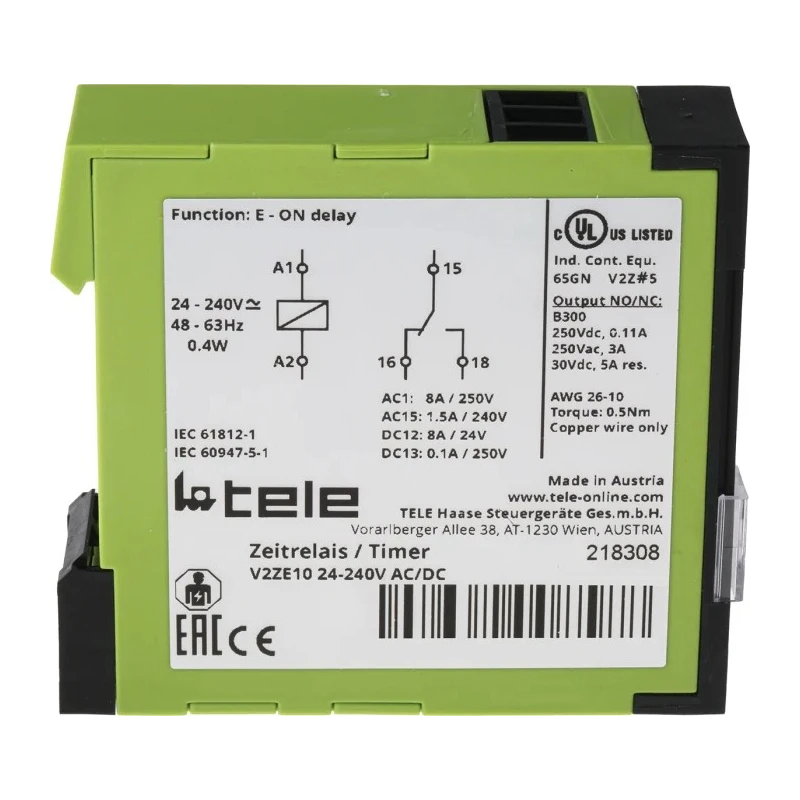 Tele DIN Rail Timer Relay, Single-Function On-Delay, 1-Contact SPDT, 24-240V AC/DC, Time Range 0.05 → 1 s to 9 → 180 s V2ZE10