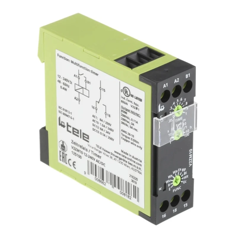 Tele V2ZM10 Series DIN Rail Multifunction Timer Relay 1-Contact SPDT 12-240V AC/DC V2ZM10