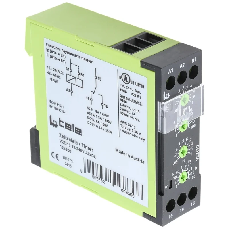 Tele V2ZI10 Series Multifunction DIN Rail Timer Relay, 1-Contact, 12-240 V AC/DC, SPDT, IP40, 0.05 to 100 h Range V2ZI10