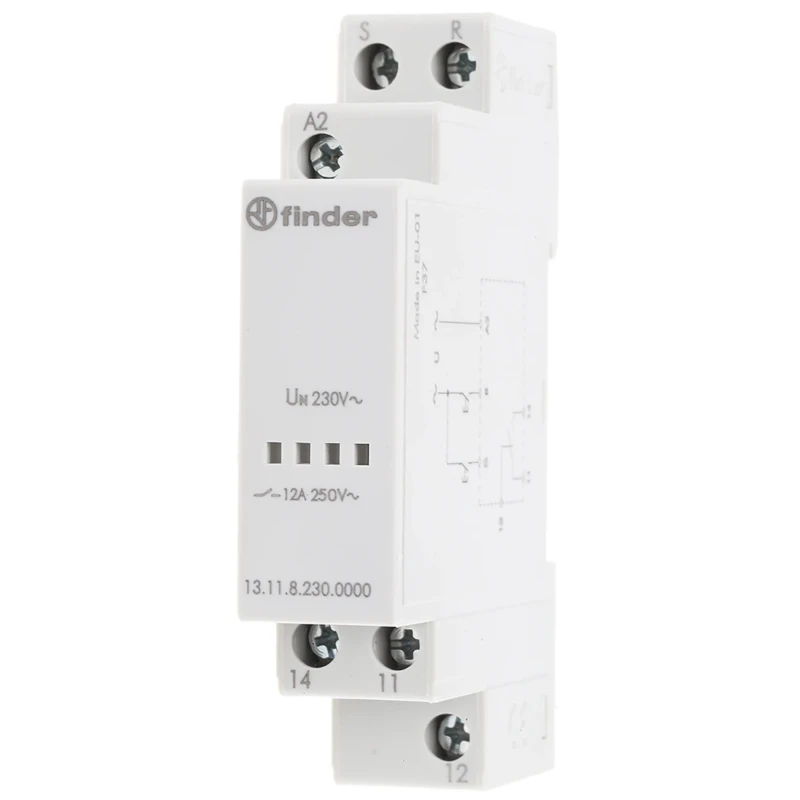 Finder DIN Rail Power Relay 230V AC Coil Voltage 12A Switching Current SPDT Contact Configuration 13.11.8.230.0000