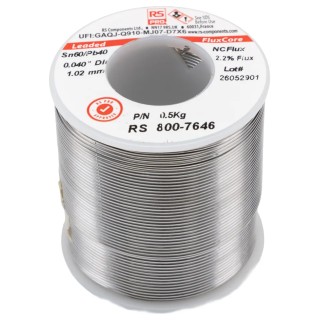 RS PRO Lead Solder Wire 1.01 mm Diameter 60% Tin 40% Lead Rosin Based Flux 183 °C Melting Point 500g 800-7646